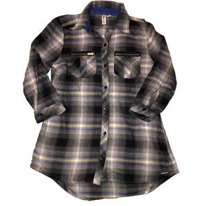 Hang Ten Gray Plaid Shirt Sz XS Tie Back Surfer Skater Roll Tab Sleeve Womens